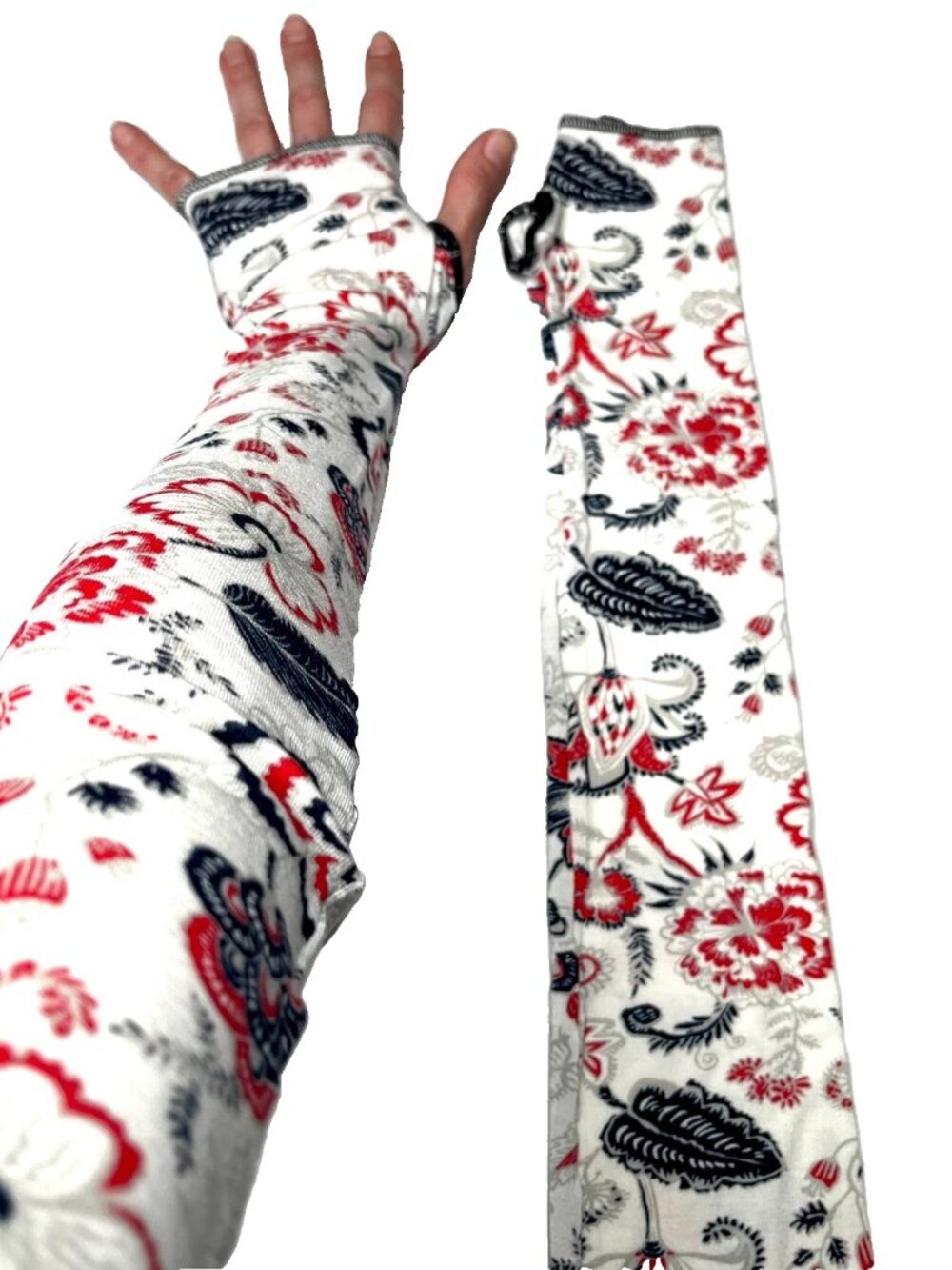 Floral Arm Warmers Red Black White Fingerless Lightweight Driving Sleeves Covers